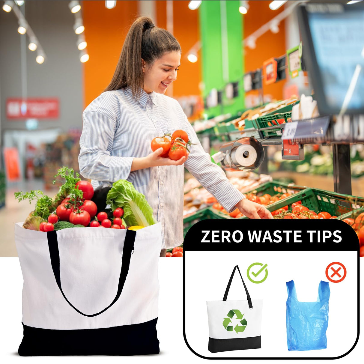 HWJH 6 Pack Canvas Tote Bags with Zipper, Blank Reusable Grocery Bags, Widened Washable Bag With Inner Pocket, Shopping Travel large tote bags for DIY Heat Transfer, Birthday Gifts for Women (Black) HWJH