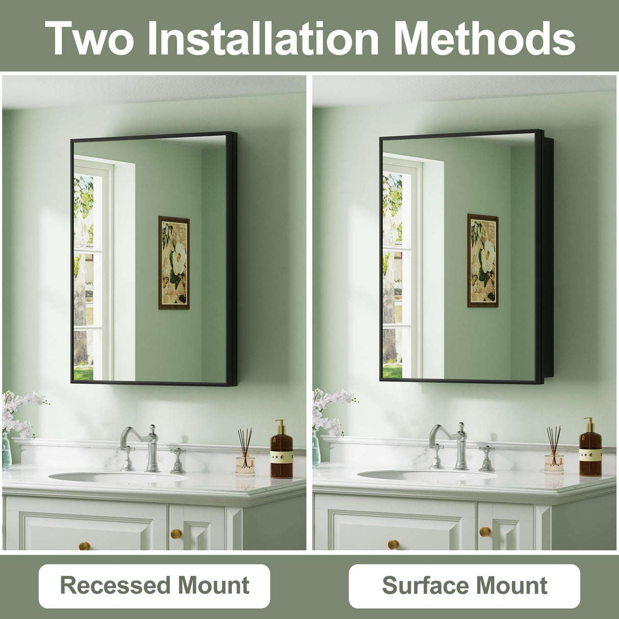 Buruis 14"x 24" Framed Medicine Cabinet with Mirror, Recessed or Wall Mounted Bathroom Cabinet, Adjustable Tempered Glass Shelves, Left/Right Open Reversible, No Assembly Required, Black Buruis