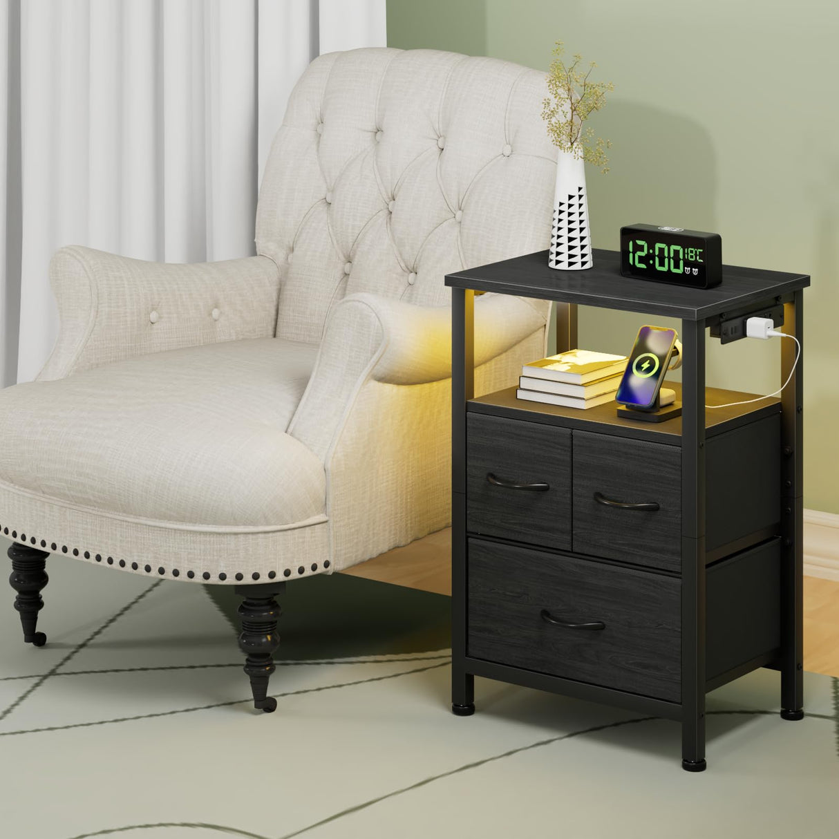 Furnulem Black Nightstand with Wood Shelf, Bedside Table with Led Light and Charging Station, 25.8 Inch End Table with 3 Fabric Storage Drawers, Small Side Table Night Stand for Bedroom Furniture Furnulem