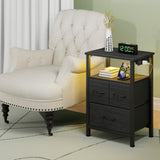 Furnulem Black Nightstand with Wood Shelf, Bedside Table with Led Light and Charging Station, 25.8 Inch End Table with 3 Fabric Storage Drawers, Small Side Table Night Stand for Bedroom Furniture Furnulem