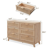 Okvnbjk 6 Drawer Dresser for Bedroom, Rattan Dressers & chests of Drawers with Wood Handles, Boho Chest of Drawers for Bedroom, Living Room and Entryway, Oak Okvnbjk