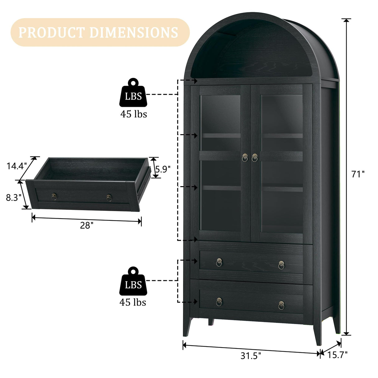 71" Tall Arched Kitchen Pantry, Pantry Cabinet with LED Lights, Kitchen Storage Cabinets with 2 Large Drawers & Adjustable Shelves & Glass Door for Living Room, Dining Room, Black LIMGLIM