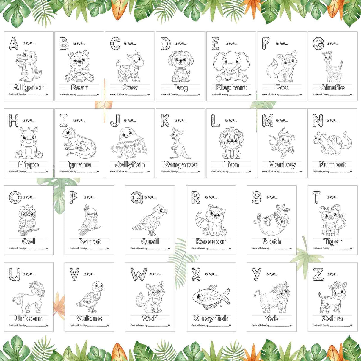 Baby's First ABC Book Baby Shower Activity Keepsake Game, Safari Jungle ABC Coloring Baby Shower Guest Book, Baby's First Alphabet Coloring Book, Alphabet A to Z Coloring Pages hongpar