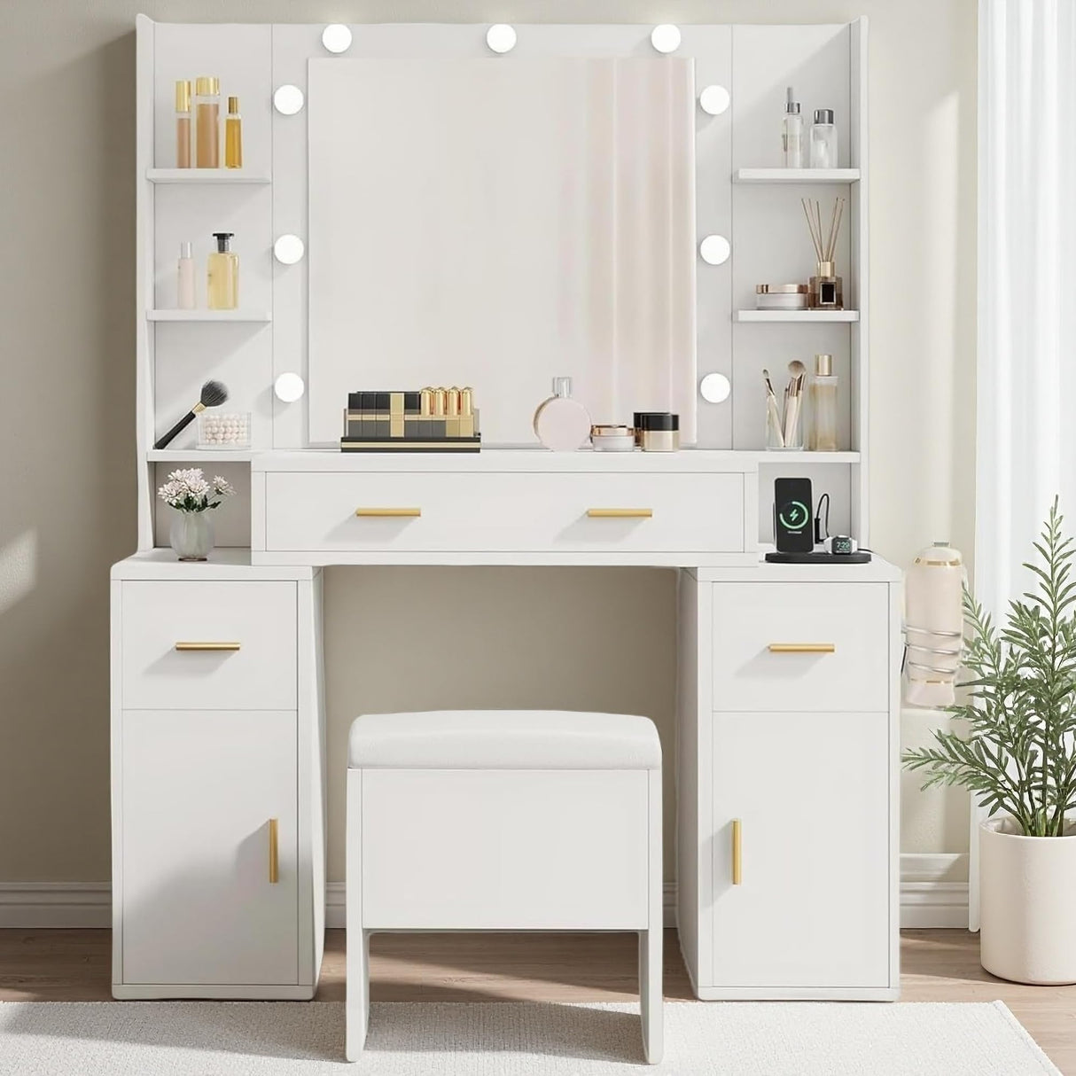 DWVO Vanity Desk with Large Mirror and LED Lights, Makeup Vanity Table Set with Power Outlets, Comfy Stool & Storage Drawers, Shelves and Cabinets, 3 Lighting Modes Makeup Table, Dressing Room, White DWVO