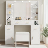 DWVO Vanity Desk with Large Mirror and LED Lights, Makeup Vanity Table Set with Power Outlets, Comfy Stool & Storage Drawers, Shelves and Cabinets, 3 Lighting Modes Makeup Table, Dressing Room, White DWVO