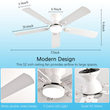 KNUN 52 inch Ceiling Fans with Lights, White Low Profile Ceiling Fan with Remote Control and App, Double-sided Fan Blades, 3CCT Dimmable LED, Noiseless, Flush Mount Ceiling Fan for Bedroom, Patio KNUN