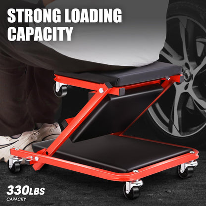 ‎DNA MOTORING TOOLS-00184 36 Inches 2 IN 1 Rolling Folding Car Creeper/Seat, 6 Pcs 2" Casters, 150kg Weight Capacity, Red