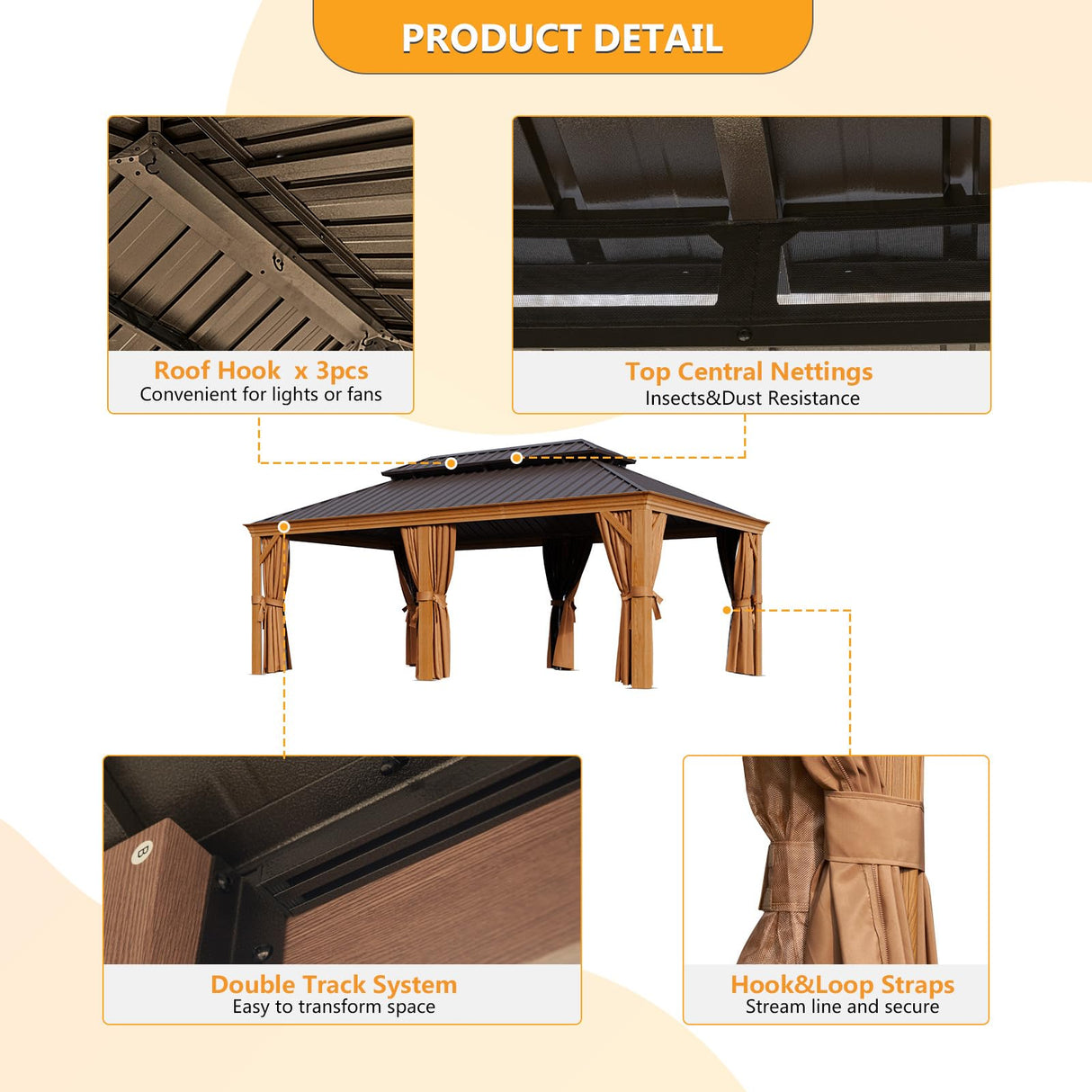 Jolydale 12' x 20' Gazebo, Wooden Finish Coated Aluminum Frame Canopy, Galvanized Steel Double Top, Outdoor Permanent Metal Pavilion with Privacy Curtains and Netting, for Patio, Deck and Backyard Jolydale