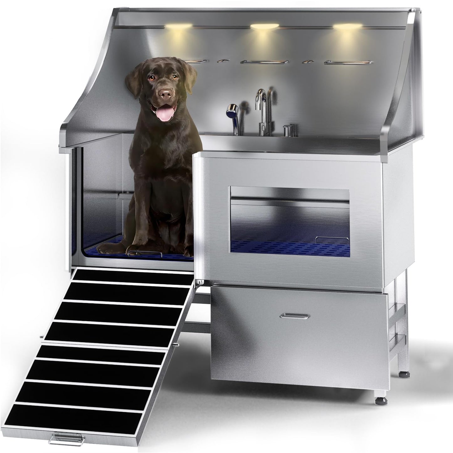 Dog Washing Station, LED Professional Stainless Steel Dog Bathing Station, Dog Bathtub for Large, Medium & Small Dog, Dog Grooming Tub with Window, Ramp, Drawer, Floor Grate & Fauct （Left RAMP, 50"）