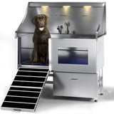 Dog Washing Station, LED Professional Stainless Steel Dog Bathing Station, Dog Bathtub for Large, Medium & Small Dog, Dog Grooming Tub with Window, Ramp, Drawer, Floor Grate & Fauct （Left RAMP, 50"） polimo