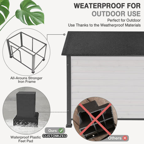 Dog House Outdoor Insulated Dog House for Small Medium Large Dogs, Natural Wood with Iron Frame, Waterproof Roof Raised Feet (43.3" L-White) MEDEHOO
