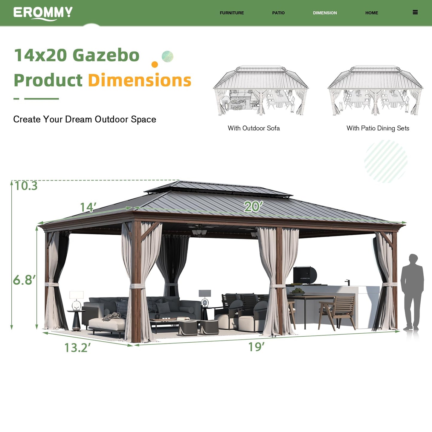 EROMMY 14' x 20' Hardtop Gazebo, Wooden Finish Coated Aluminum Frame Canopy with Double Galvanized Steel Roof, Outdoor Permanent Metal Pavilion with Curtains and Nettings for Patio,Garden, Ba - WoodArtSupply