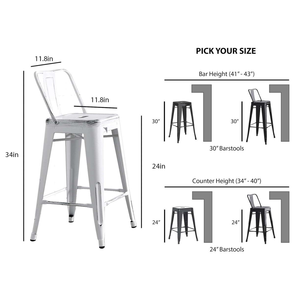 AC Pacific Modern 24” Metal Barstool Set of 2 – Country Rustic Style with Low Back, Lightweight & Sturdy Build, Easy Assembly, Distressed White AC Pacific