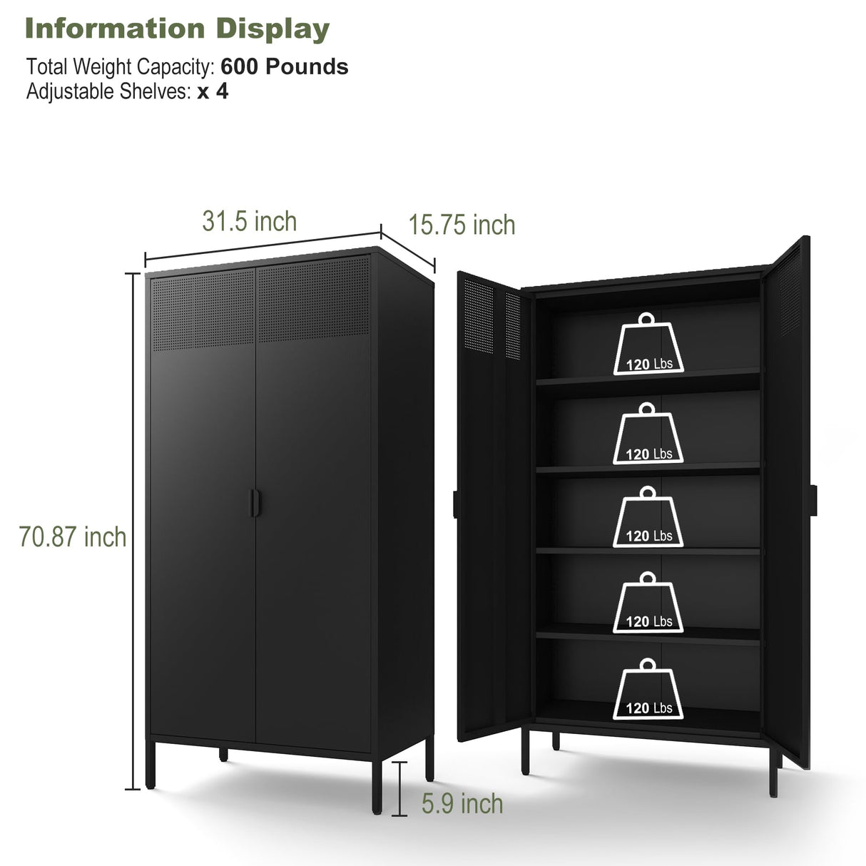 COFaR 5 Tier Black Metal Storage Cabinet, Free Standing with 2 Doors, 4 Adjustable Shelves and Legs, Cupboard Metal Cabinet for Living Room, Kitchen, Dining Room, Office COFaR