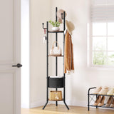 Hoctieon Coat Rack Freestanding, Round Coat Rack with 3 Wooden Shelves and 1 Fabric Basket, Metal Clothes Tree with 5 Hooks, Coat Hanger Stand for Clothes, Hats, Bags, Brown and Black Hoctieon