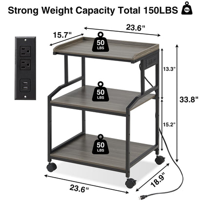 Lauren&Harold 3-Tier Printer Stand with Storage Printer Table with Charging Station and USB Ports, Rolling Printer Cart with Adjustable Shelf, Large Printer Stand with Wheels for Home Office - WoodArtSupply