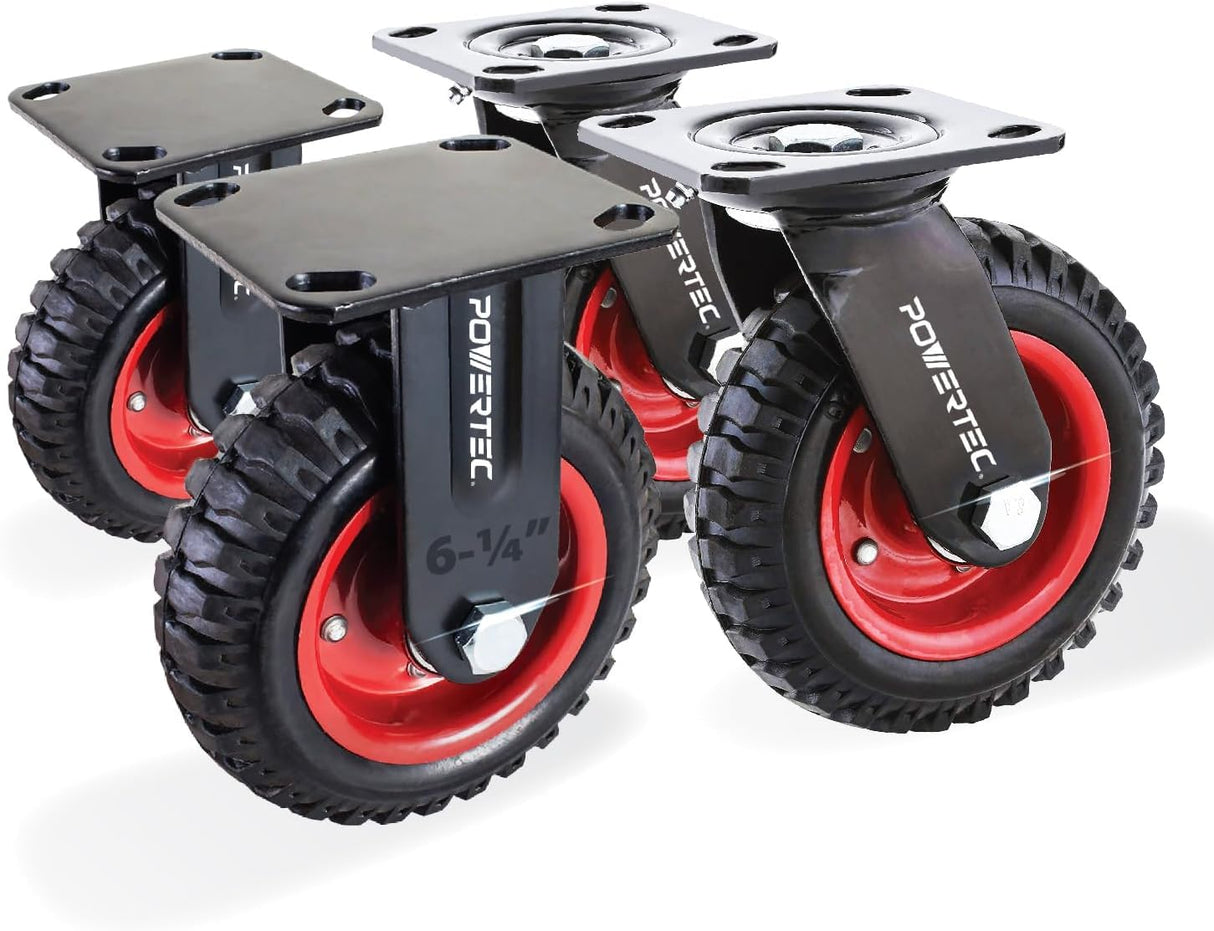 POWERTEC 6 Inch Caster Wheels Set of 4 (2 Swivel & 2 Fixed), Heavy Duty Casters w/Rubber Knobby Tread for Workbench, Dolly, Cart, Trolley, Wagon and Chicken Coop, Large Rubber Castor Wheels (17054V) POWERTEC