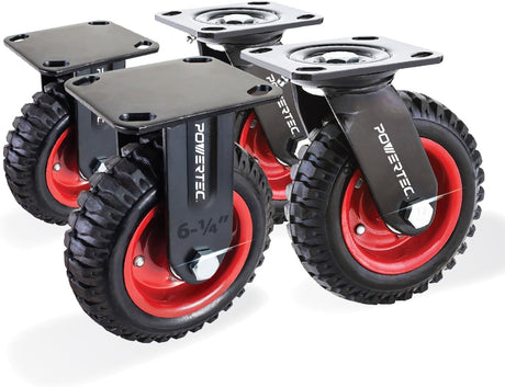 POWERTEC 6 Inch Caster Wheels Set of 4 (2 Swivel & 2 Fixed), Heavy Duty Casters w/Rubber Knobby Tread for Workbench, Dolly, Cart, Trolley, Wagon and Chicken Coop, Large Rubber Castor Wheels (17054V) POWERTEC