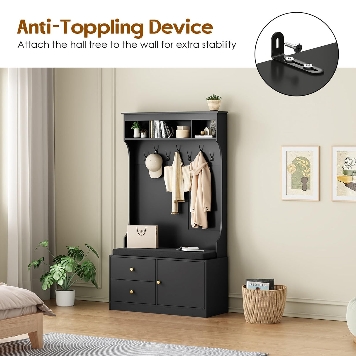 Soohow Hall Tree with Bench and Shoe Storage, Mud Room Bench with Storage and Seating, Hall Tree with Shoe Storage with 7 Hooks, 6-in-1 Farmhouse Hall Tree with Bench for Entryway, 70.9", Black Soohow