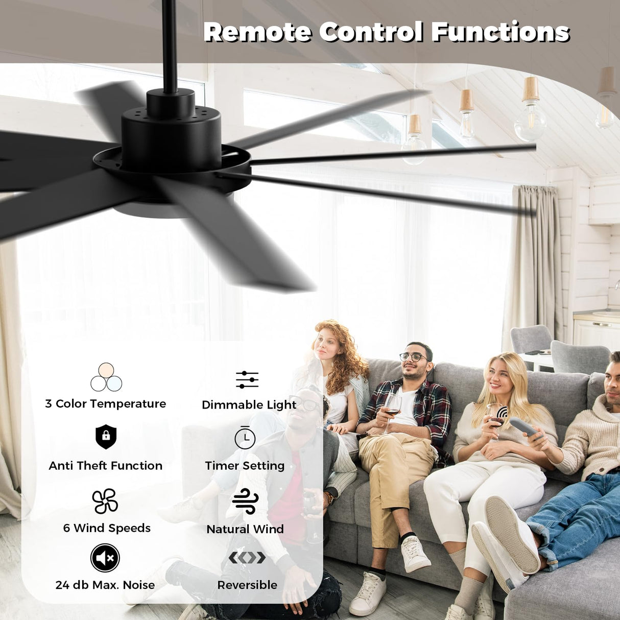72 inch Large Ceiling Fans with Lights and Remote, Industrial Ceiling Fan Reversible Quiet DC Motor, 6 Speed 3 CCT Dimiable, Modern Ceiling Fan for Living Room Farmhouse Patios Outdoor Gazebo Black BrilMaison