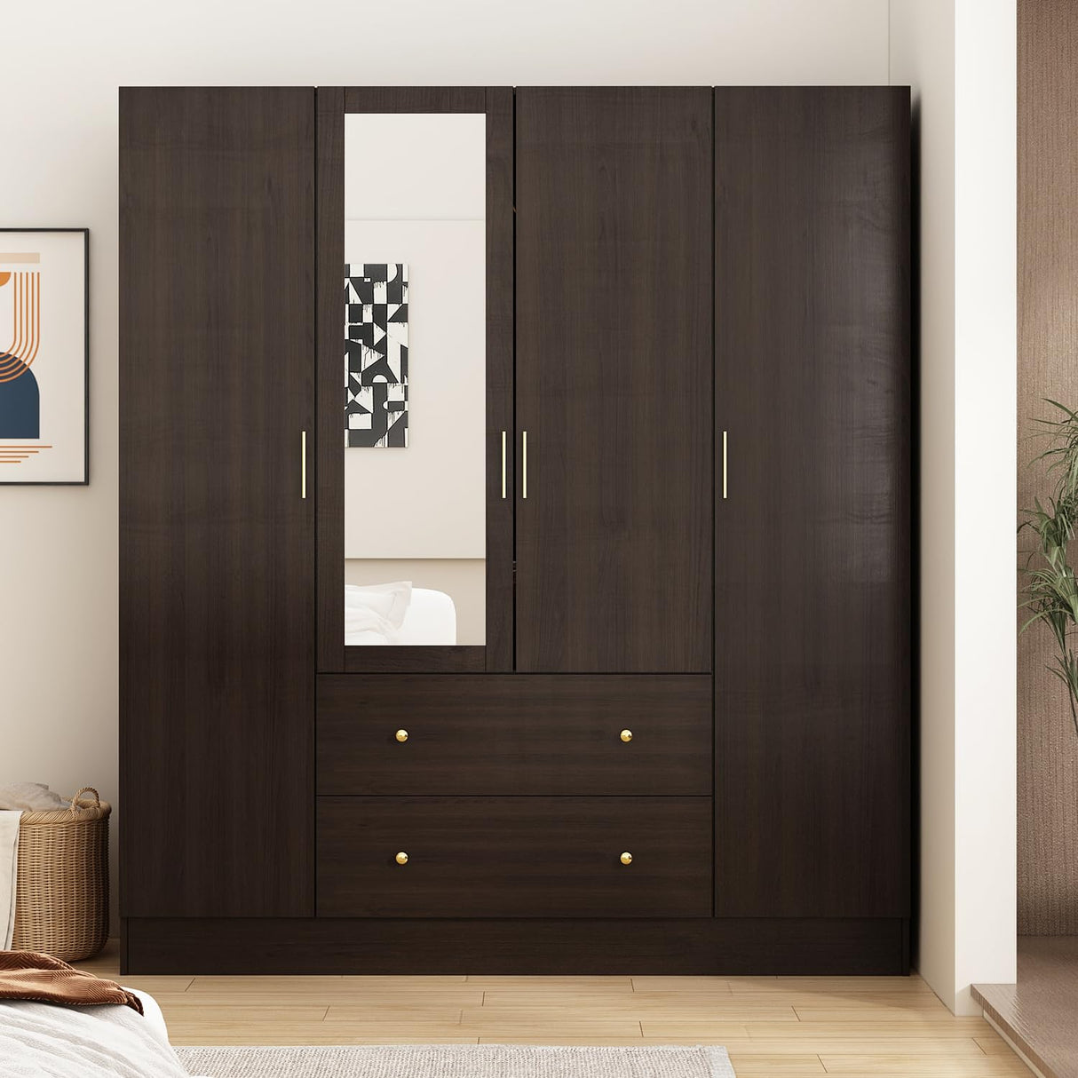 ECACAD Dark Brown Wardrobe Armoire with Mirror, 5-Tier Shelves, 2 Drawers, 2 Hanging Rods and 4 Doors, Wooden Closet Storage Cabinet for Bedroom (63”W x 19.7”D x 70.9”H) ECACAD