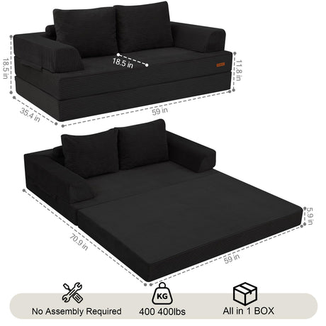 COMAX Convertible Sofa Bed, Folding Floor Couch Corduroy Fold Out Couch Bed Futon Sleeper Mattress with Pillows, Boneless Sofa Comfy Lounge Loveseat for Living Room Bedroom, Black COMAX