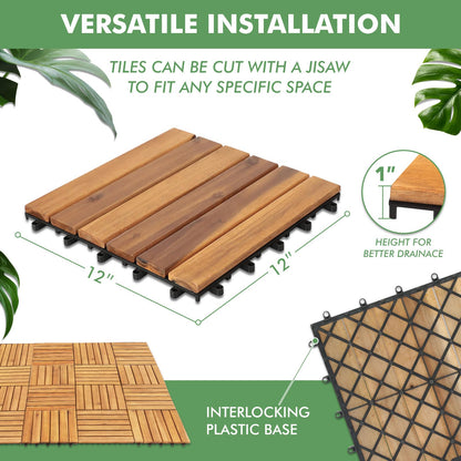 Interlocking Deck Tiles 10PCS Waterproof Soild Wood Patio Tiles Flooring Tiles for Indoor and Outdoor Balcony Porch Backyard Garden Poolside All Weather Use 12 x 12 Inches (Soild Wood 6 Slats - WoodArtSupply