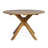 Christopher Knight Home Stamford Outdoor Wicker Dining Set with Acacia Wood Circular Table and Water Resistant Cushions, 5-Pcs Set, Teak Finish / Brown / Crème Cushion Christopher Knight Home