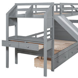 Bellemave Twin Over Twin Bunk Bed with 4 Drawers and Storage Staircase, Wood Bed Frame with Desk and Shelves, Twin Beds with Slide and Full-Length Guardrails for Kid's Room or Dormitory, Gray Bellemave