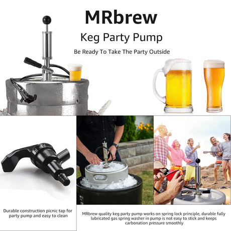 MRbrew Keg Party Pump, American D System Beer Keg Tap Keg Hand Pump 4'' Picnic Pump with Beer Faucet & Beer Hose, Chrome-Plated Keg Draft Beer Party Pump with 2 Hose Clamps Kegerator Pump for Homebrew MRbrew