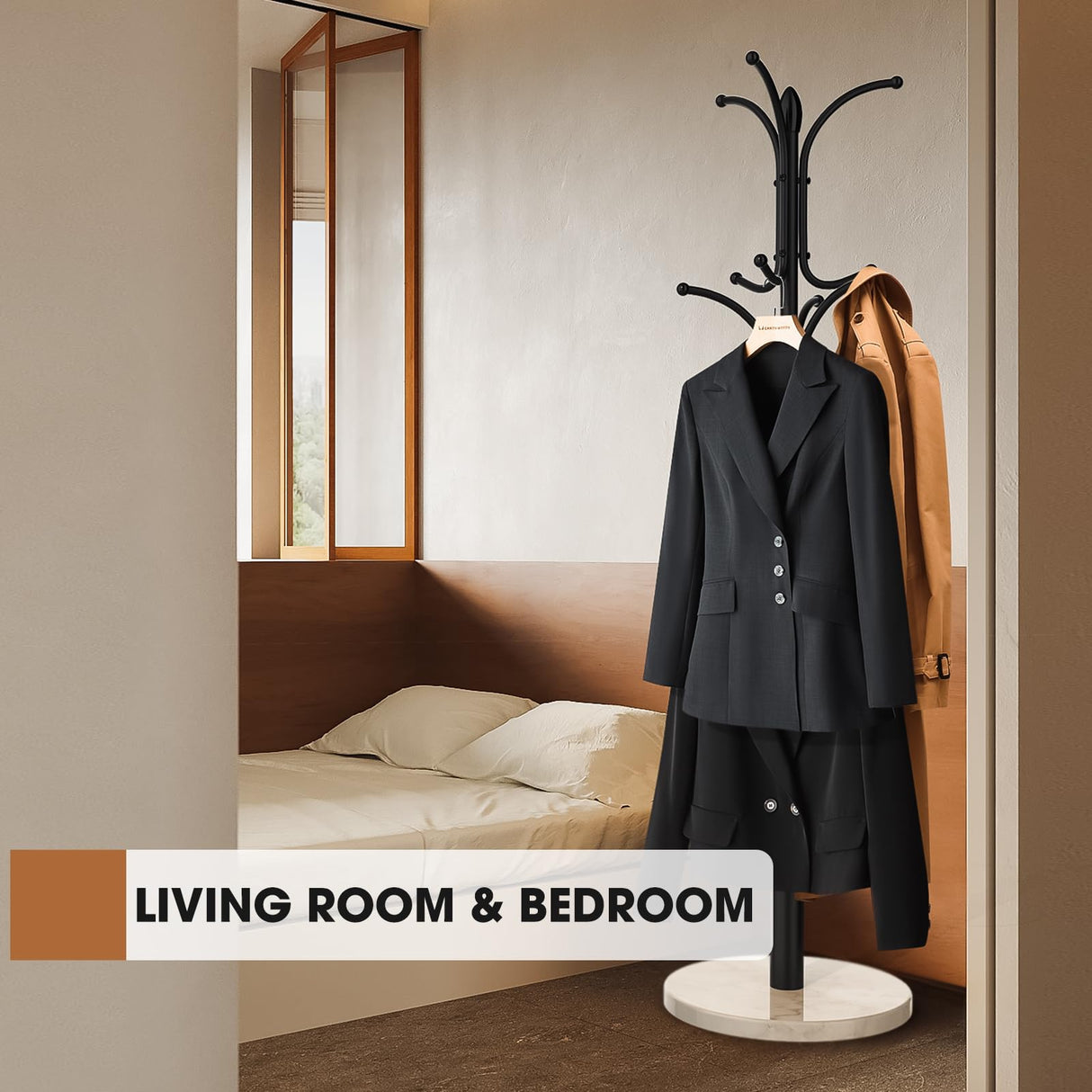 Ulimart Coat Rack Freestanding,12 Hooks Coat Racks with Natural Marble Base & Umbrella Holder,Easy Assembly Coat Rack Stand for Hanging Scarf,Purse,Hats,Jacket(Black) Ulimart