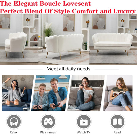 Modern Boucle Loveseat Couch,Futon Small Sofa with Gold Metal Legs ,2-Seater Upholstered Mini Sofa Couches for Small Space,Living Room Bedroom Office Dorm Studio Apartment Love Seat Couche(White) Gustonhon