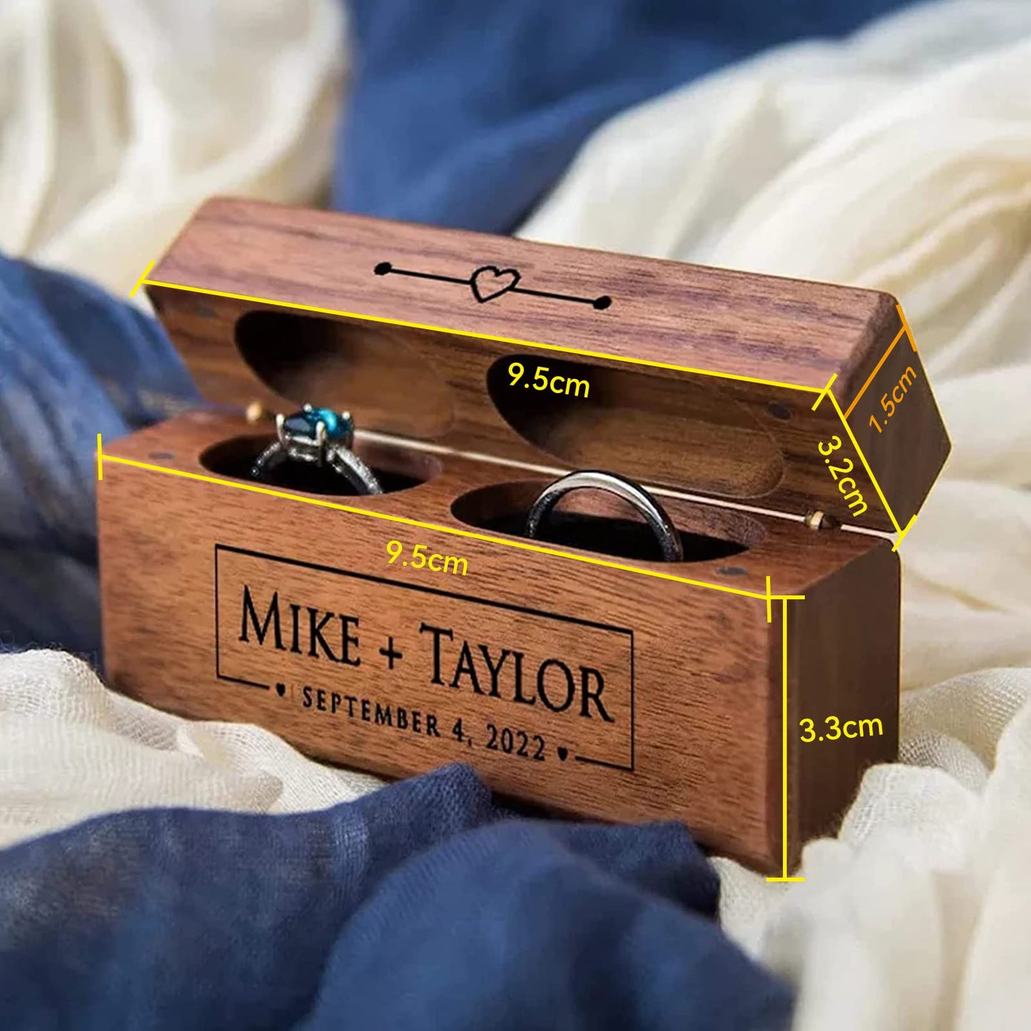 lmllml Custom Double Ring Box - Personalized Wooden Wedding Ring Box for 2 Rings Engraved Proposal Ceremony Ring Bearer Box, Wood Boho Box, Walnut - WoodArtSupply