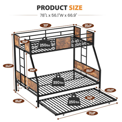 Zevemomo Twin Over Full Bunk Bed with Trundle, Metal Triple Bunk Bed with Full Length Protect 2 Side Ladders Bed Frame for Boys Girls Adults, No Box Spring Needed, Black