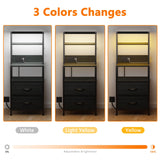 Furnulem Night Stand, Tall Nightstand with 4-Tier Shelves, 2 Fabric Drawers and Light Tube, Bed Side Tables with Charging Station, Bedside Table for Bedroom, Office, Black Oak Furnulem