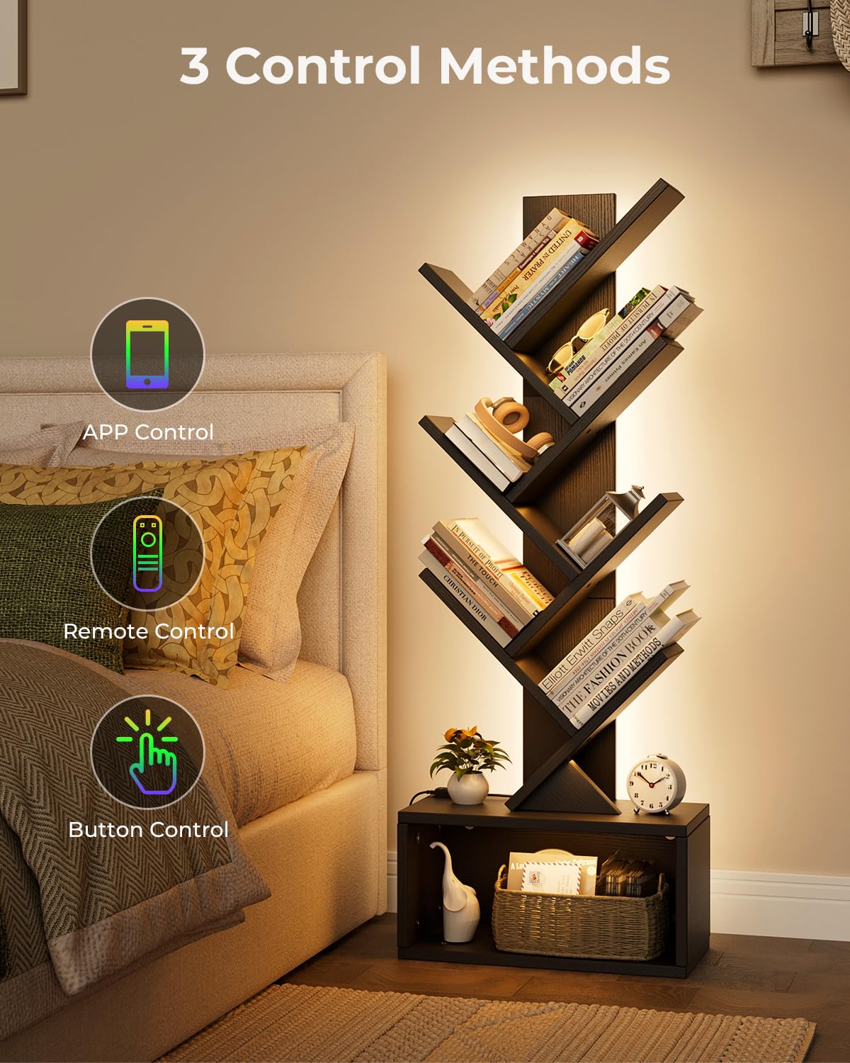 Evermagin 6 Tier Tree Bookshelf with Lights, LED Book Tree Bookcase with Storage Organizer, Small Corner Bookshelf Floor Standing Book Shelf for Living Room, Bedroom & Home Office, Black Evermagin