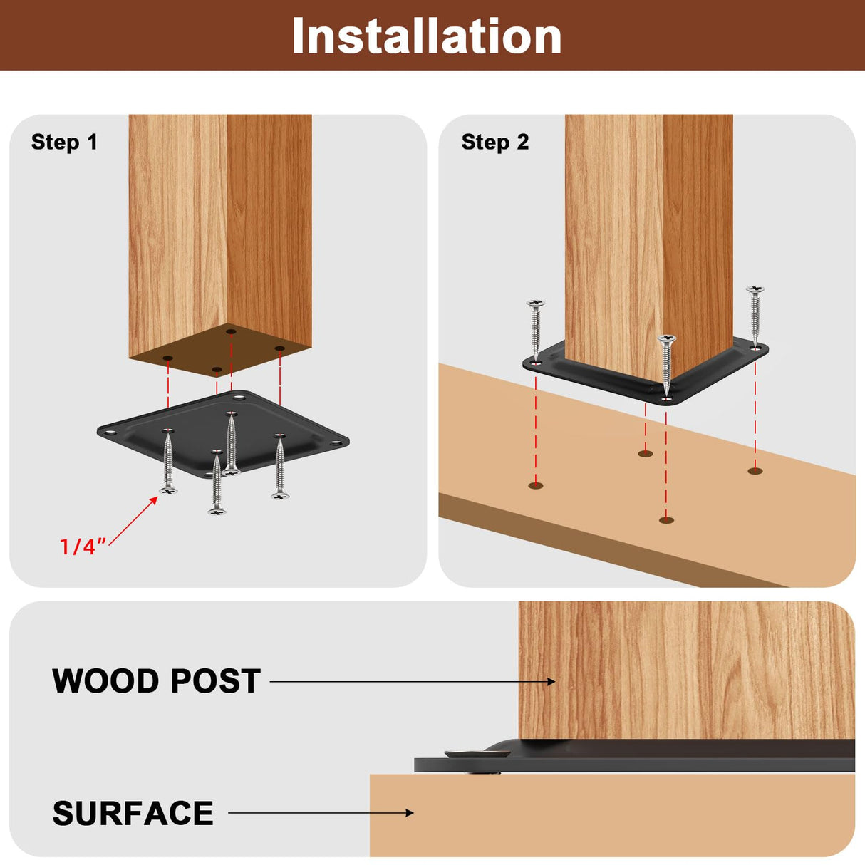 FOROIRON (8 Pack) 4" x 4" Wood Post Plate Connector, Powder-Coated Decking Post Base, Wood Fence Post Anchor Base, Deck Porch Railing Support Base FOROIRON