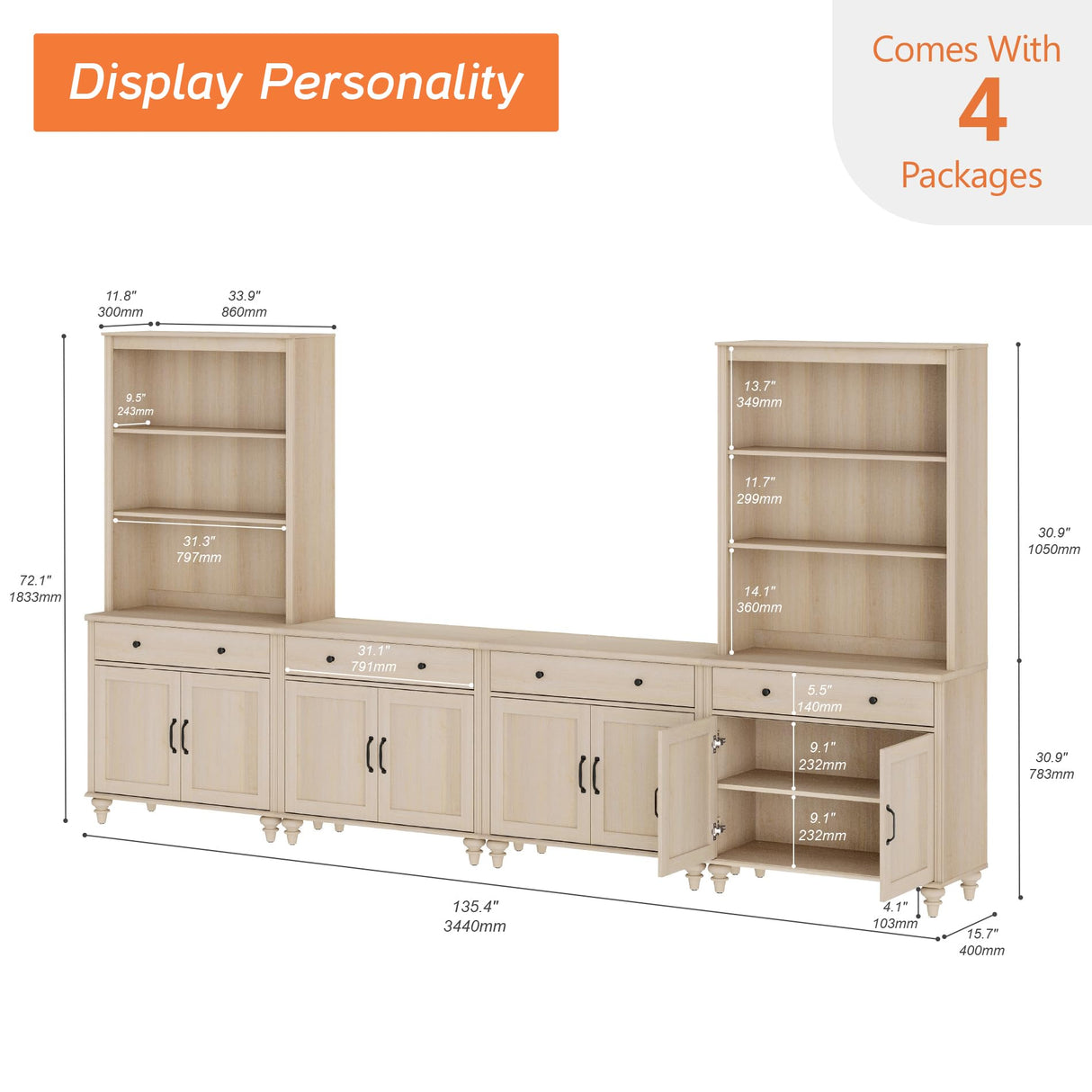 WAMPAT Entertainment Center with Bookshelves for TVs up to 75", Farmhouse Wall Unit TV Stand with 8 Doors & 4 Drawer, Media Console Table for Living Room, Bedroom & Home Theater, Beige WAMPAT