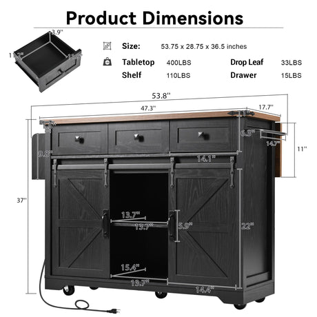 Amposei Farmhouse Kitchen Island on Wheels with Drop Leaf & Power Outlet, 53.7-Inch Rolling Storage Island Cart Breakfast Bar with Drawers, Sliding Barn Door Cabinets, Spice Rack (Black) Amposei