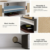 ZttRiee TV Stand for TVs up to 65'', Mid Century Modern Entertainment Center with Rattan Door, Shelves & 2 Cabinets, Boho Media TV Console for Living Room, Bedroom, White ZttRiee