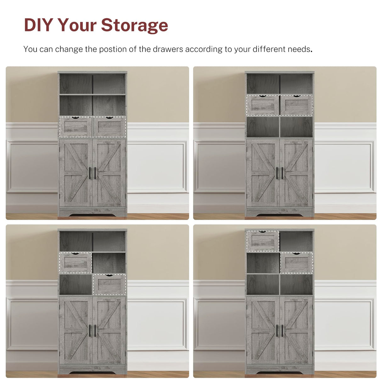 TEENFON Farmhouse Storage Cabinet with Doors & 2 Drawers, Bathroom Cabinet with Adjustable Shelf, Cupboard for Living Room, Entryway, Home Office, Gray TEENFON