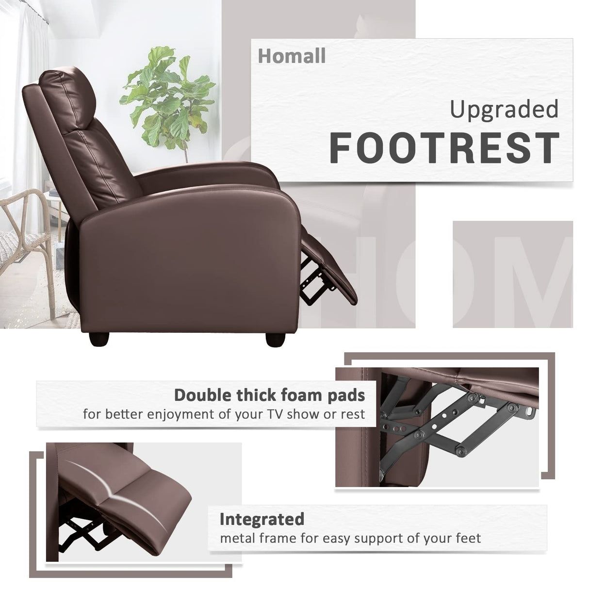 Homall Recliner Chair, Recliner Sofa for Adults, Recliners Home Theater Seating with Lumbar Support, Reclining Sofa Chair for Living Room (Leather, Brown) Homall