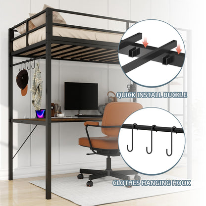 Rotihom Loft Bed Twin Size with Desk and RGB Led Strip, Twin Loft Bed Come with Hidden Charging Station, Strengthened Structure Metal Frame, Noise Free Bunk Bed with Desk (Brown Board)