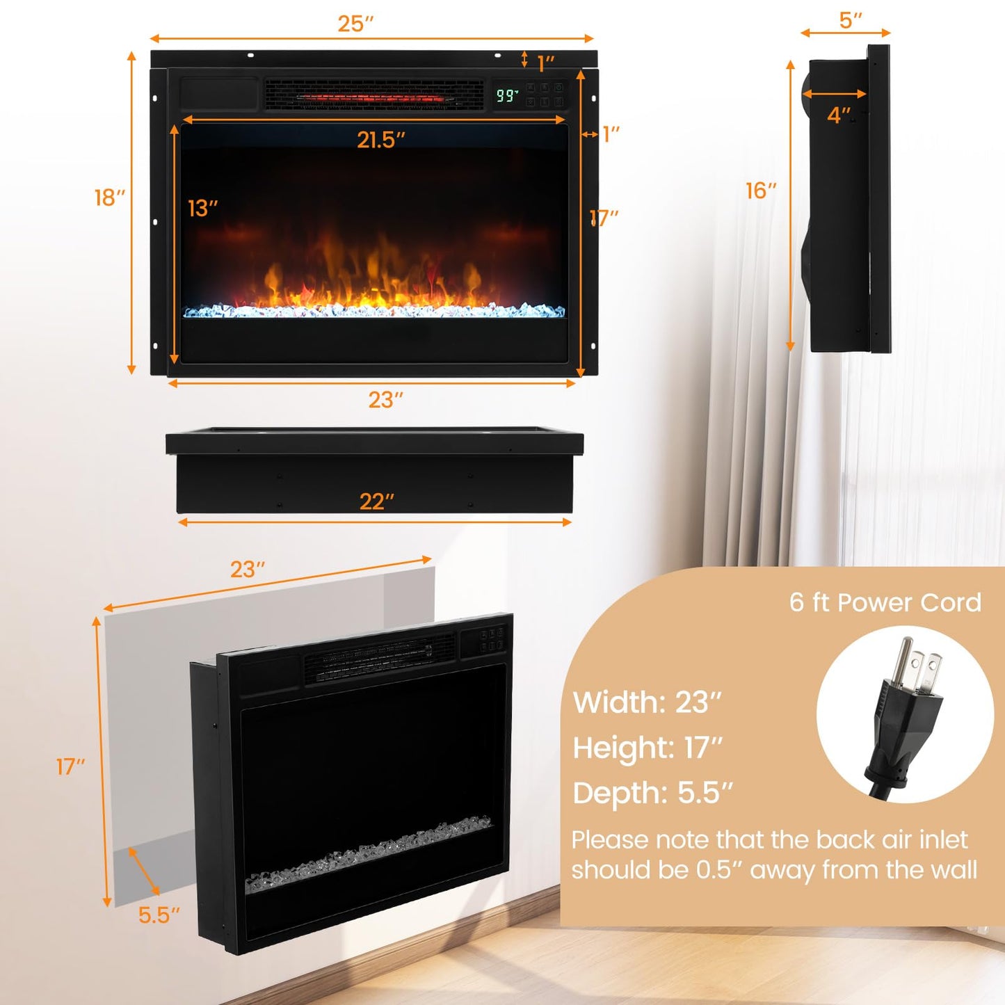 COSTWAY Electric Fireplace Inserts 23-inch Wide, 1500W Recessed Fireplace Insert with Remote Control, 6 Flame Colors, 5 Brightness, 8H Timer, Overheat Protection, Infrared Fireplace Heater for Indoor