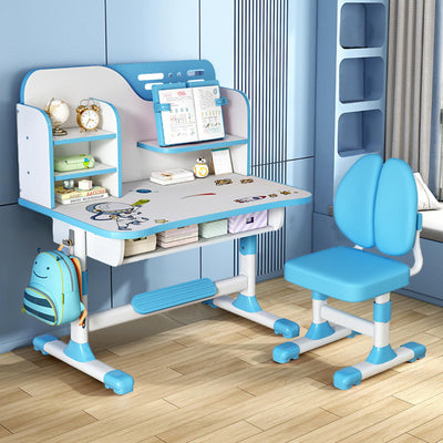 JENPECH Kids Study Table and Chair Set, Height Adjustable Kids Study Desk with Cartoon Pattern, Widened Tabletop, Back Support & Spine Protect, Prevent Myopia, for Boys & Girls (blue2)