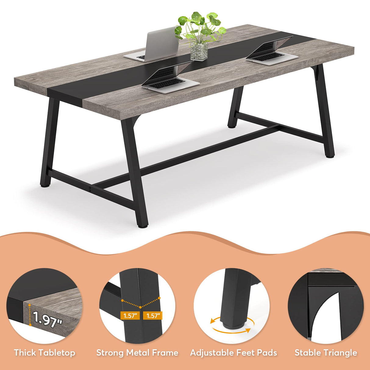 Tribesigns 6FT Rectangle Conference Table, 70.87L x 33.46W x 29.92H Inches Meeting Table for Conference Room, Vintage Wood Office Executive Desk with Strong Metal Frame for 6 People (Grey) Tribesigns