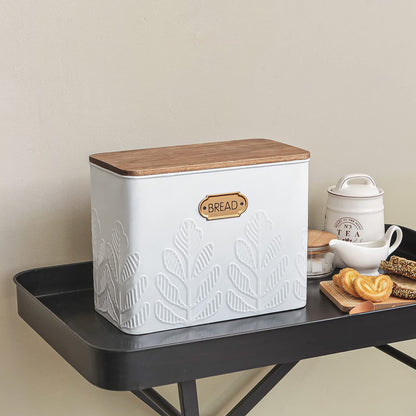 NIKKY HOME Extra Large Space Saving Farmhouse White Bread Box With Bamboo Lid - Holds 2 Loaves - Vertical Breadbox Bread Storage Bin Holder for Kitchen Countertop, Plant Embossed Pattern