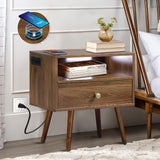 Wood Nightstand with Wireless Charging Station and Led Light - 20"W x 14"D x 24"H Mid Century Modern Nightstand with Charging Station, Walnut Nightstand with One Drawer, Outlet on Left,Solid Wood Legs Caredear