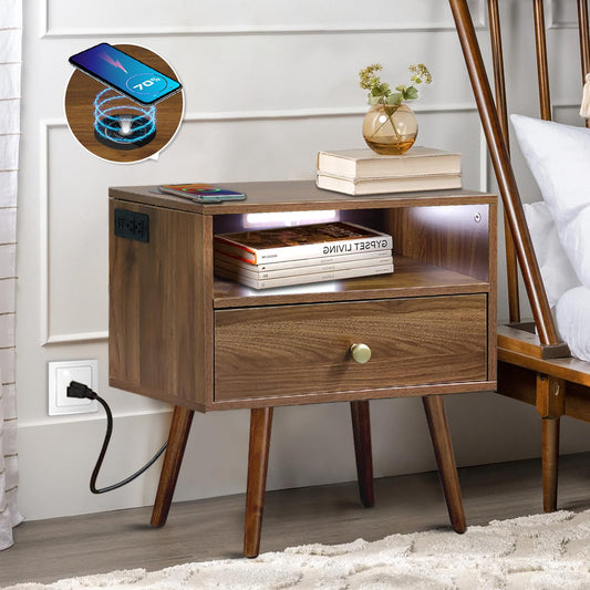 Wood Nightstand with Wireless Charging Station and Led Light - 20"W x 14"D x 24"H Mid Century Modern Nightstand with Charging Station, Walnut Nightstand with One Drawer, Outlet on Left,Solid Wood Legs