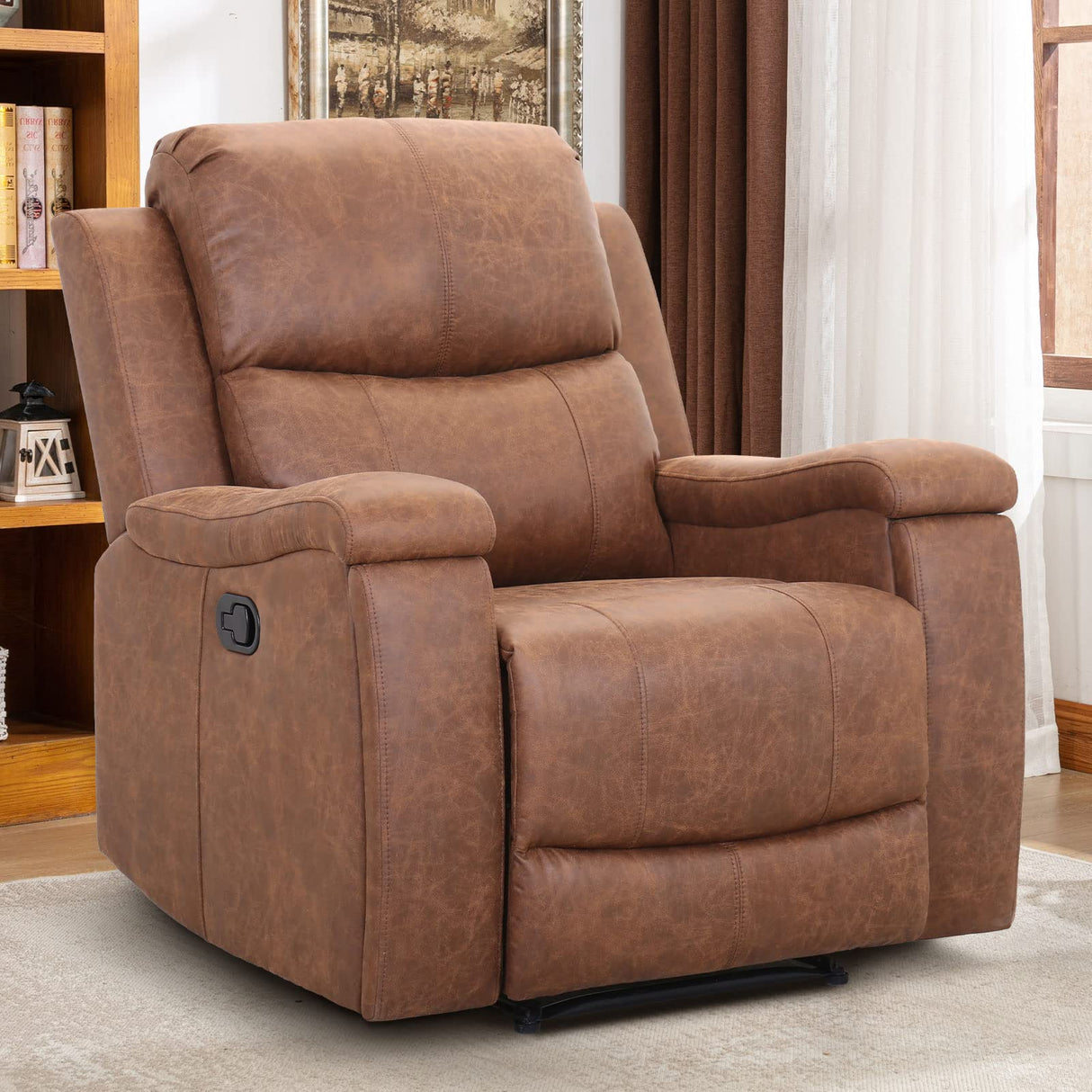 CANMOV Leather Recliner Chair, Classic and Traditional Manual Recliner Chair with Overstuffed Arms and Back, Manual Single Sofa with Concealed Cup Holders, Brown CANMOV